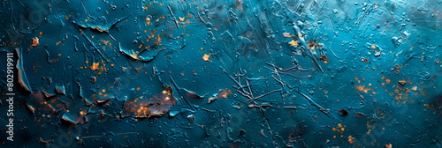 weathered steel surface with scratches, rust, and oil stains, reflecting a neon blue light. Gritty and textured. photo