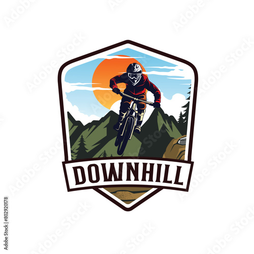Mountain bike logo design. Extreme downhill biker vintage logo illustration vector

