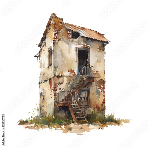 Watercolor abandoned building on white background