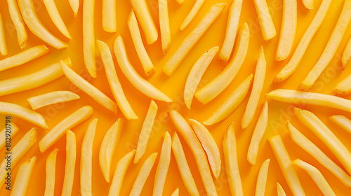 McDonald's fries arranged in a symmetrical pattern, showcasing their uniform golden color. photo