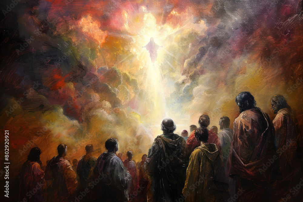 Gathering of Disciples Around Table, the Ascension of Christ, the ascension of Jesus into heaven, a festival celebrated by Christians. Gathering of Disciples Around Table, the Ascension of Christ, the ascension of Jesus into heaven, a festival celebrated by Christians.
