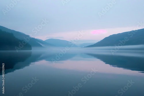 Serene lake reflecting the subtle glow of dawn