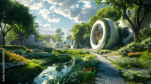 Visualize a future where humans live in harmony with nature, using biomimicry for sustainable development.  photo