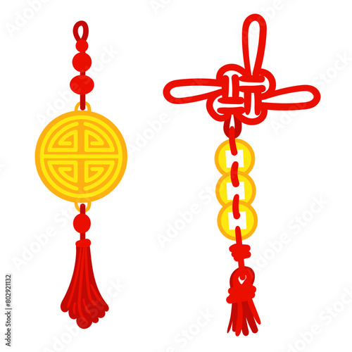 Set of red threads tied in Chinese knots for good luck, symbolizing good luck and prosperity. Gold coins, an amulet. Materials in the traditional Asian style are used for decoration in cultural theme