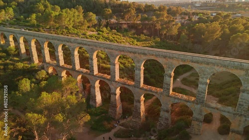 Aerial view of the Tarragona Aqueduct at sunset in Catalonia, Spain. photo