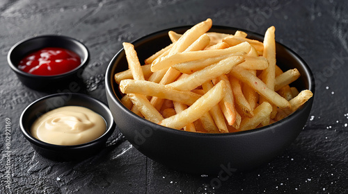 McDonald's fries served in a sleek black bowl, with a side of creamy aioli for dipping. photo
