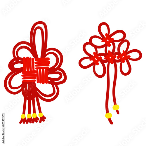 Set of red threads tied in Chinese knots for good luck, symbolizing good luck and prosperity. Red threads, nodules,. Materials in the traditional Asian style are used for decoration in cultural theme