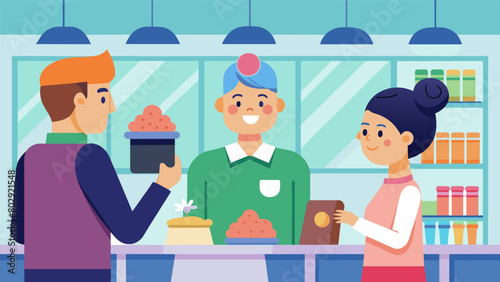 Behind the counter of a boutique shop a neurodivergent entrepreneur greets customers warmly and excitedly shares the story behind their beautifully. Vector illustration