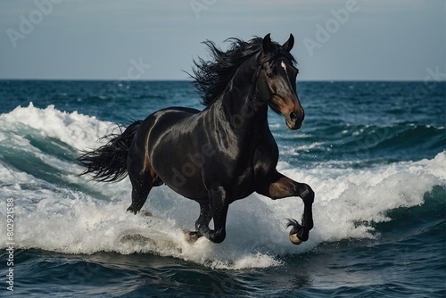 Beautiful black horse  galloping  on ocean wave