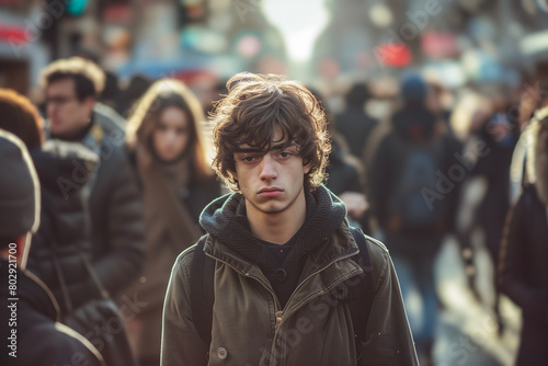 AI generated illustration of a man with black hair with signs of social anxiety in front of a crowd