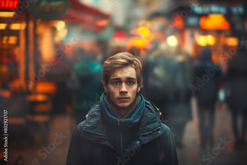 AI generated illustration of a boy with social anxiety stands on a city street