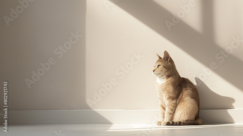 A light orange cat sitting on the floor against a white wall background