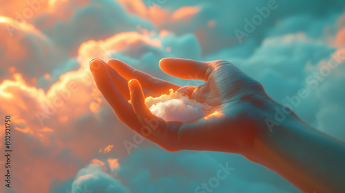 A hand holding up a cloud in the sky photo