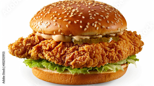 Popeyes chicken sandwich, with lettuce and mayo, served in a sesame seed bun.