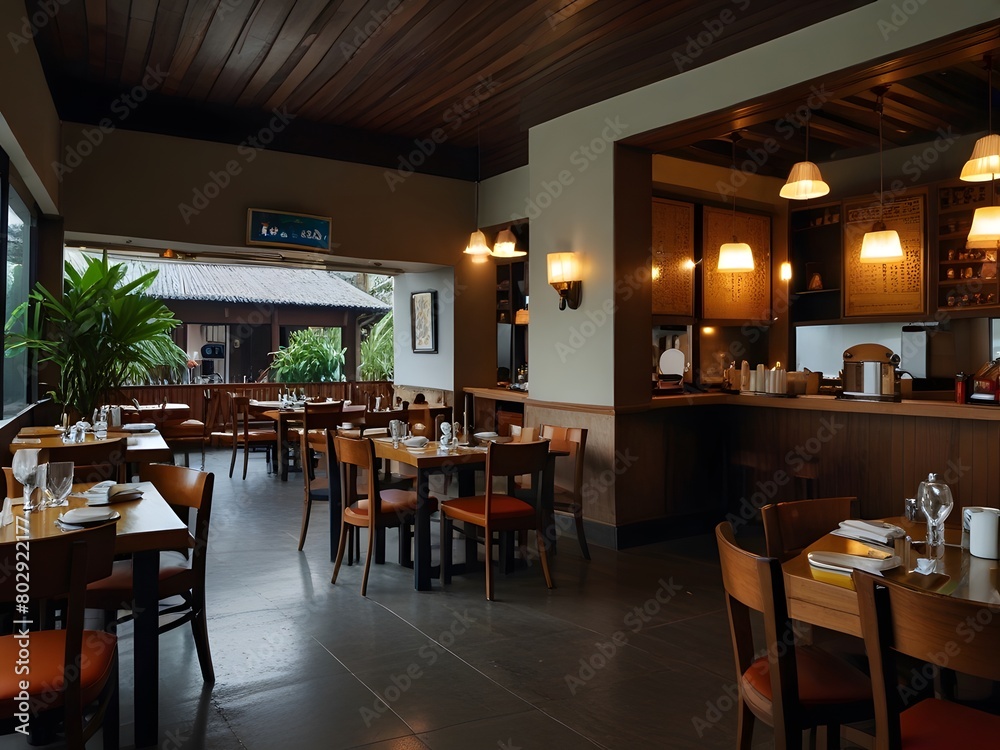 Interior of a modern restaurant, Interior of a luxury restaurant with wooden furniture