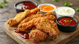 Popeyes chicken strips, served on a wooden board with a variety of dipping sauces.