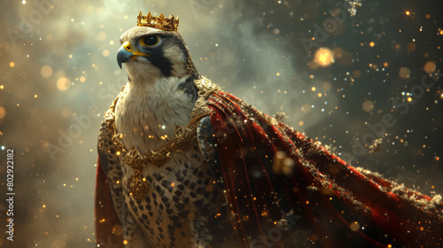 Royal falcon with a golden crown, draped in a velvet cape photo
