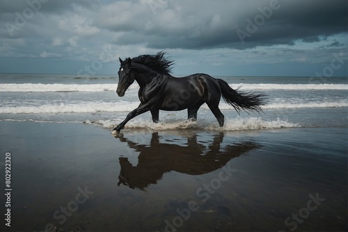 Black Friesian horse gallop on beach