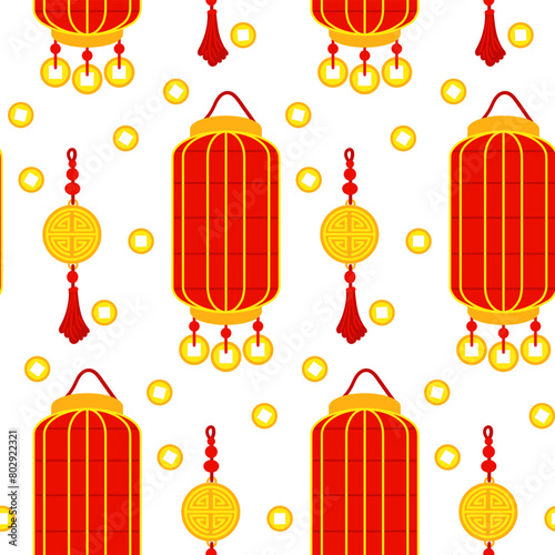 Pattern is a Chinese red paper lantern with golden amulets, reminiscent of cultural wealth and a festive atmosphere. A festive festival. An elongated rectangle with coins. Moon Festival. illustration