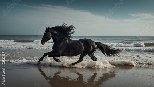 Black Friesian horse gallop on beach