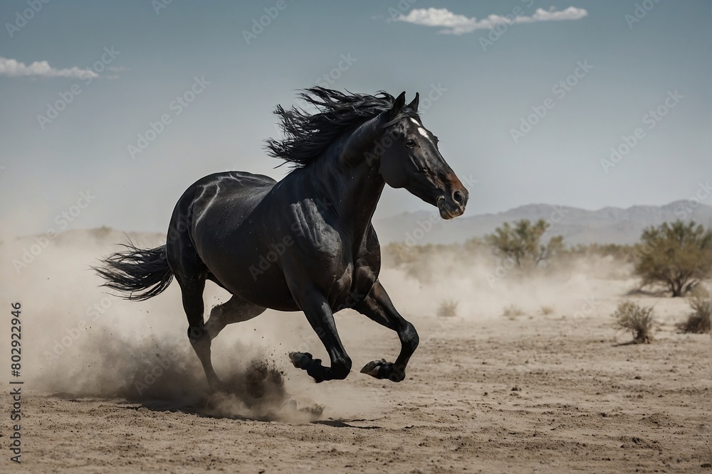 Black stallion run on desert dust against dramatic background, Black and white Black stallion run on desert dust against dramatic background, Black and white