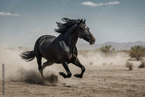 Black stallion run on desert dust against dramatic background  Black and white