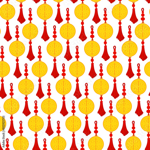 A pattern of Chinese gold amulets depicting labyrinths and tassels, reminiscent of cultural wealth and a festive atmosphere. A festive festival. A round amulet. The Moon Festival. illustration
