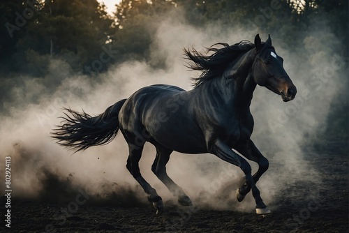 Gorgeous black horse galloping through the smoke