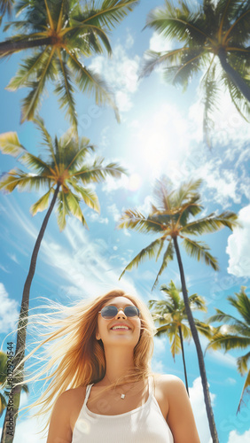 A young blond caucasian woman, wearing a white topi and sunglasses, stands under palm trees on a sunny day with white puffy clouds, copy space, 9-16 photo