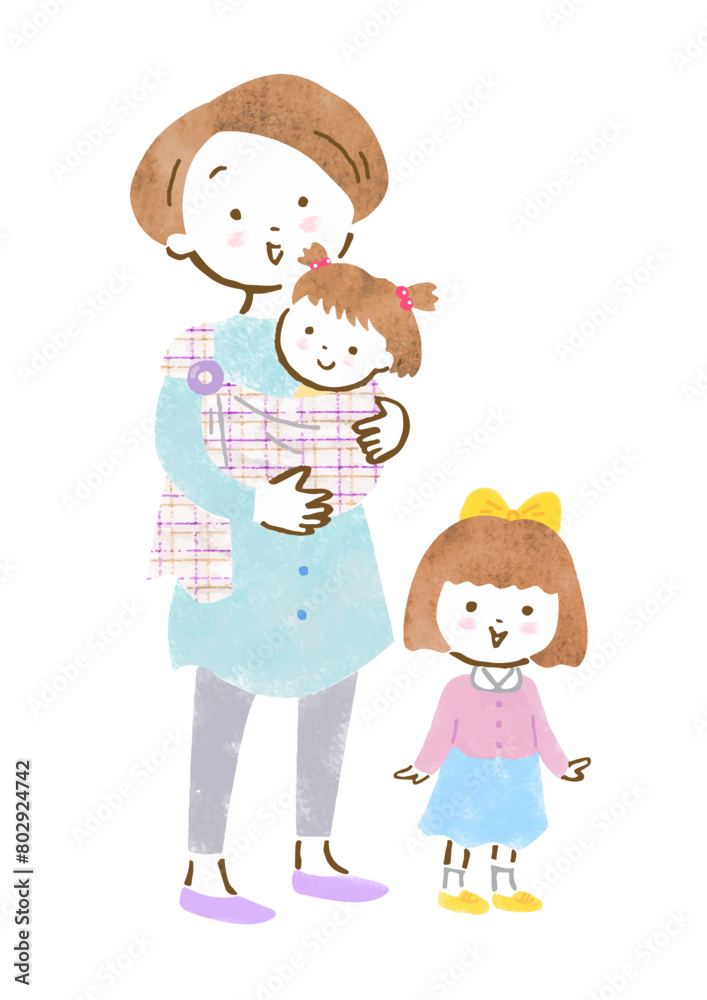 子供（女の子）をスリングで抱っこする母親とお姉ちゃんの手描きイラスト