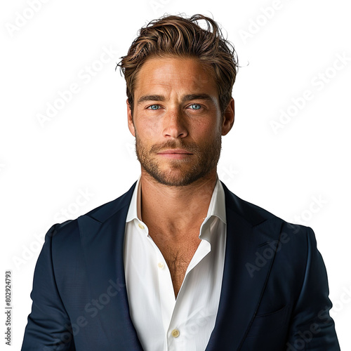 Front view mid shot of a confident Caucasian male model dressed in a sharp navy suit and crisp white dress shirt, isolated on a white transparent background