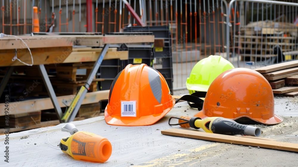 Safety Gear and Practices: Pictures emphasizing safety on construction sites, including helmets, high-visibility vests, and safety signs.
