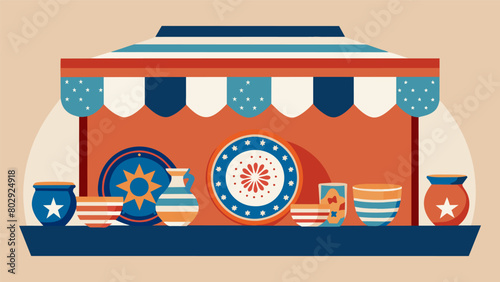 A booth filled with handmade pottery and ceramic plates featuring intricate designs of stars and stripes invokes a sense of admiration and pride.. Vector illustration