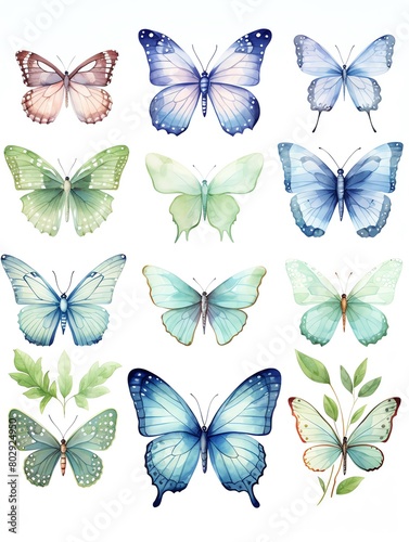 Twelve watercolor butterflies in blue, green and purple.