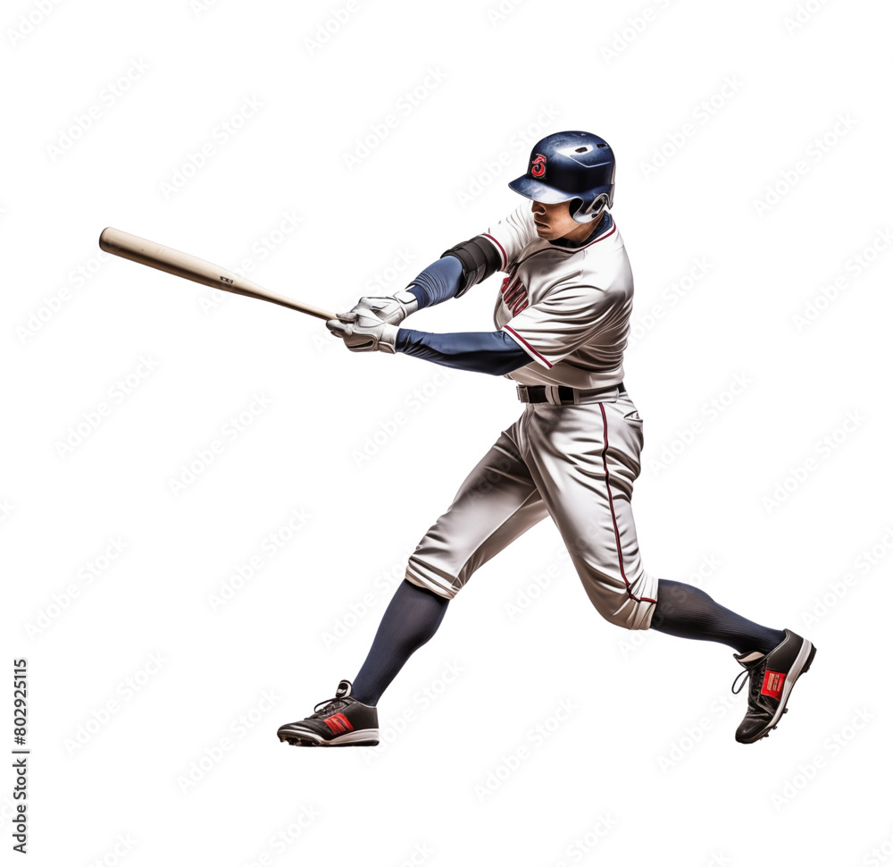 Baseball player in mid-swing with focus and force, sporting a team uniform, helmet, and gloves, isolated on transparent background. Generative AI Baseball player in mid-swing with focus and force, sporting a team uniform, helmet, and gloves, isolated on transparent background. Generative AI