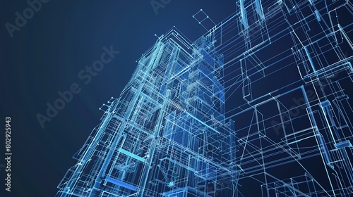 Blueprints of a futuristic skyscraper, neon highlights, low angle, sharp focus in a dimly lit room 