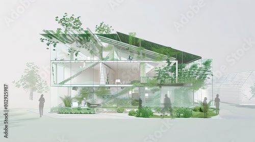 Detailed architectural drawing of a green building, eco-friendly design, natural morning light, side view 