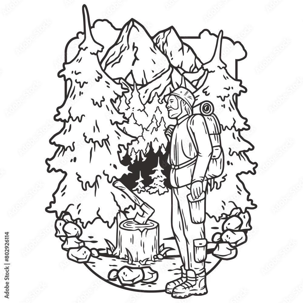 Fototapeta premium Line art illustration depicting a hiker amidst a forest and mountainous backdrop, symbolizing the essence of outdoor camping and the call of the wild, framed in a natural outline