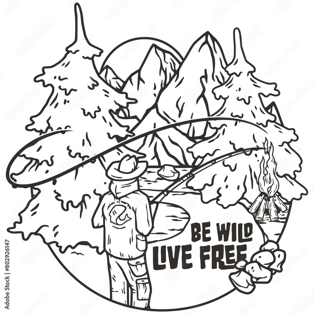 Fototapeta premium Line art illustration showcases a captivating outdoor scene with mountains, tall trees, a hiker for fishing, camping and hiking enthusiasts