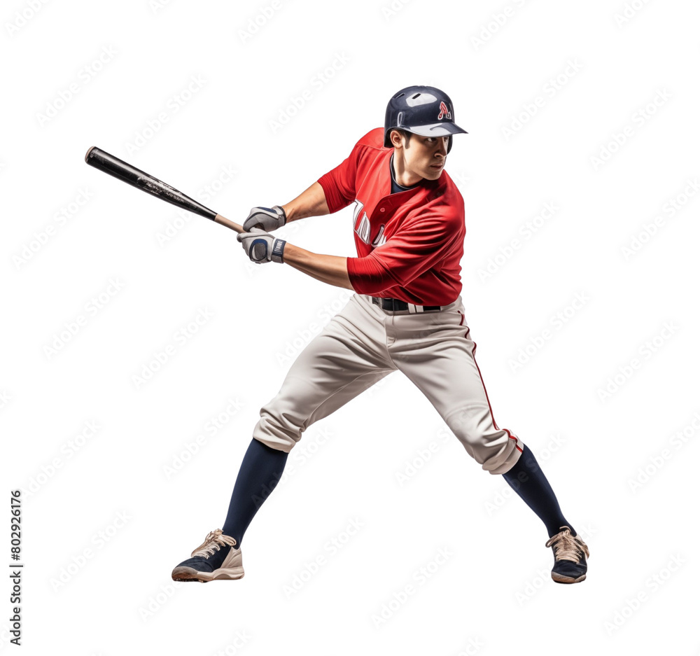 Baseball player in mid-swing with focus and force, sporting a team uniform, helmet, and gloves, isolated on transparent background. Generative AI