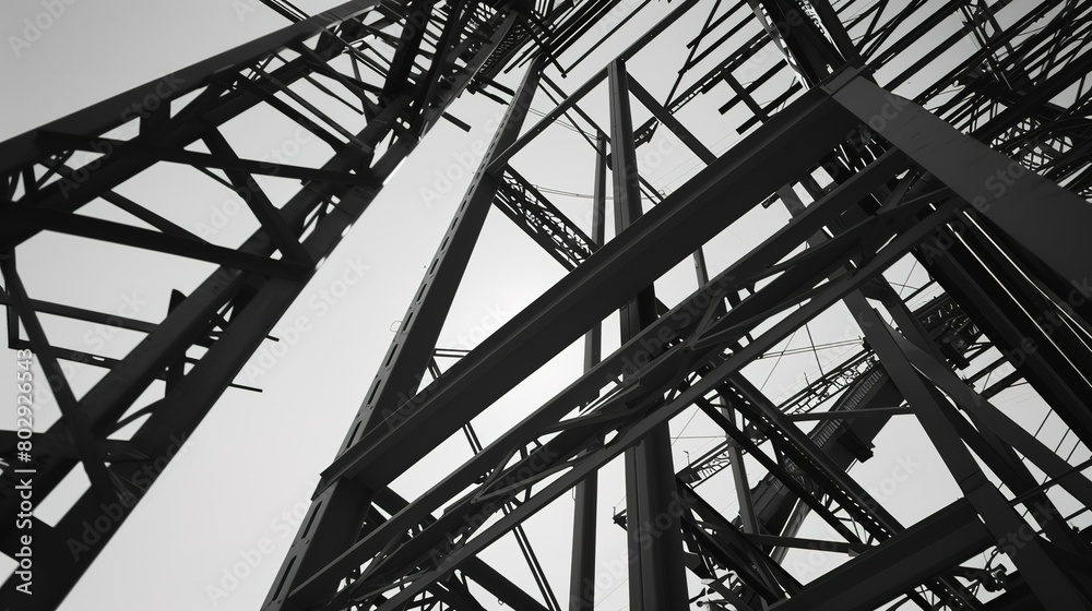 Steel framework of a building under construction, clear sky backdrop, close-up, worm's eye view