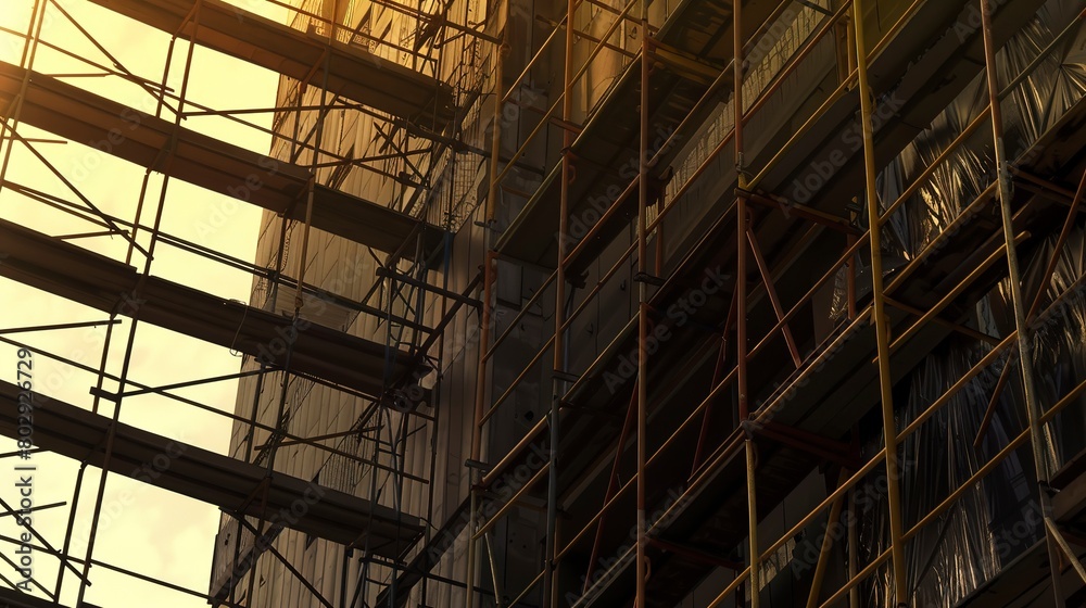 Scaffolding against a building under construction, detailed textures, close-up, backlit by sunset