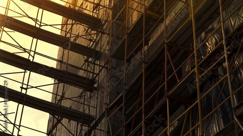 Scaffolding against a building under construction, detailed textures, close-up, backlit by sunset © Thanthara