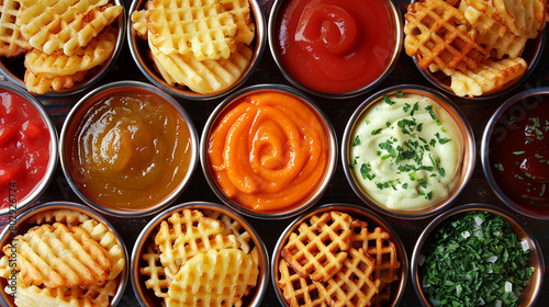 Waffle fries arranged in a picturesque mound, surrounded by vibrant dipping sauces in tiny bowls.