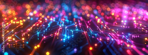 A background of interconnected lines resembling a circuit board, with each line pulsing with a different color, showcasing the flow of electricity in an abstract way.