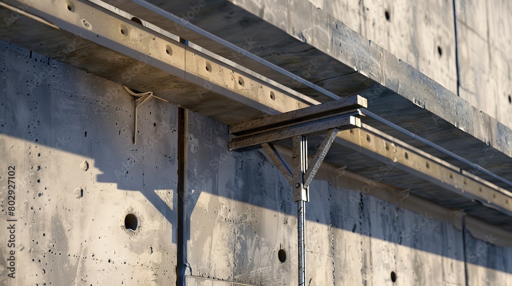 Obraz premium Reinforced concrete beam installation, dusk light, close-up on structure, dynamic construction scene