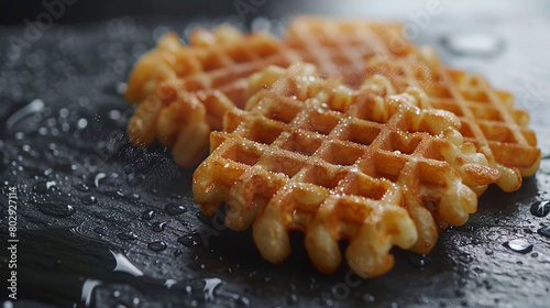 Waffle fries served on a minimalist slate slab, with droplets of condensation forming on its surface.