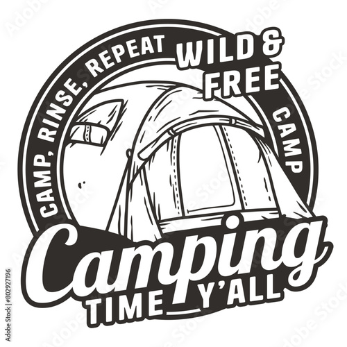 Black and white line art badge featuring a tent, promoting outdoor camping culture with a mountain outline in the background