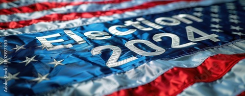 Presidential Election 2024 text on white paper over the American Flag. Politics and voting conceptual. photo