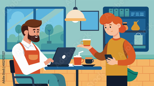 In a busy coffee shop a man with cerebral palsy uses a portable texttospeech device to place his order and chat with the barista.. Vector illustration